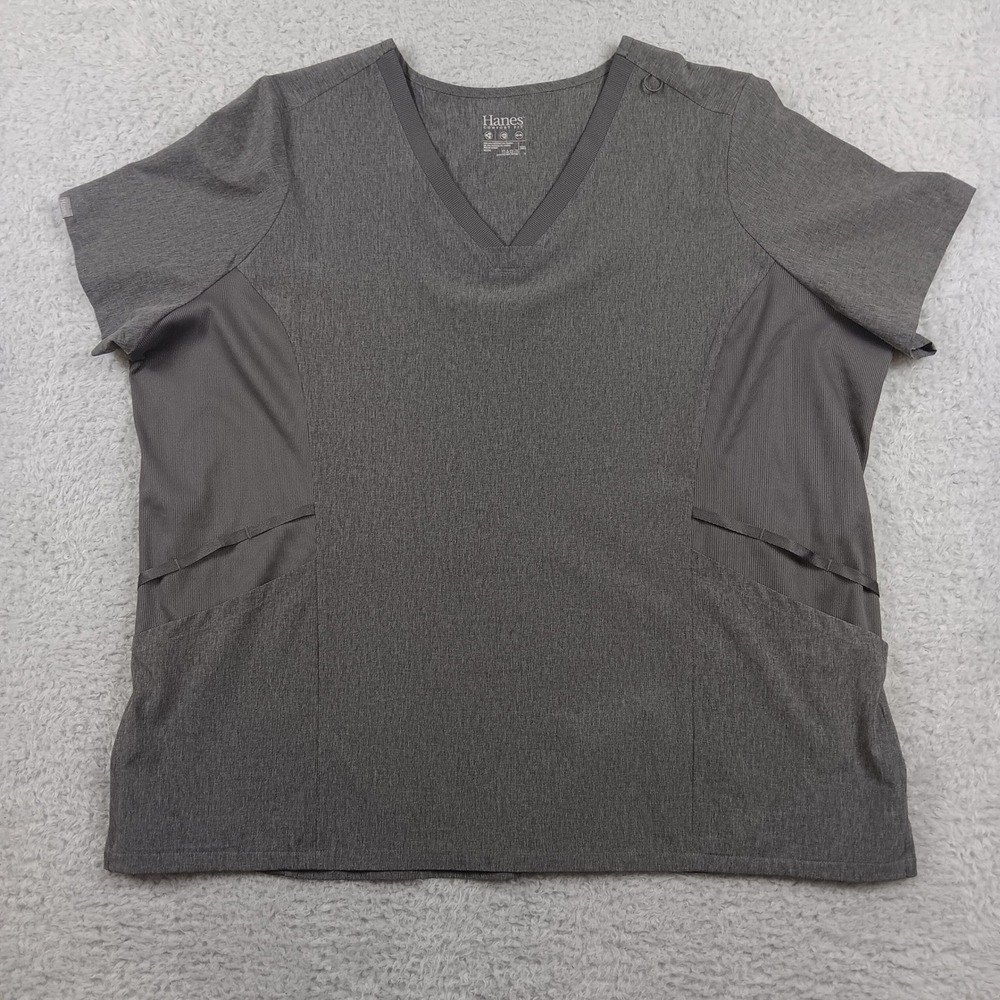 Hanes Scrub Top Comfort Fit Women 3XL Gray Heathered V-Neck Stretch RN15763
